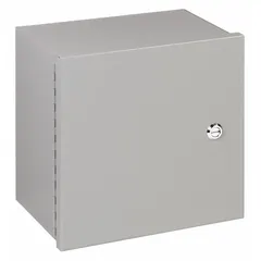 This WIEGMANN NEMA 1 steel indoor enclosure measures 10 x 10 x 4 inches and features a hinged solid cover with a 1/4-turn latch. It is painted for corrosion resistance and does not include knockouts. Typical applications include protecting electrical controls, terminals, and wiring in dry indoor environments such as manufacturing plants and commercial buildings.