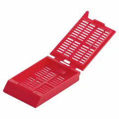 This red polyoxymethylene embedding cassette is used in histology and pathology laboratories for holding tissue specimens during paraffin wax embedding. Its dimensions of 1.57 inches by 1.1 inches provide a standard size for sample processing. The material offers chemical resistance and dimensional stability. Color-coding aids in sample identification and sorting.
