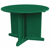 This 42-inch diameter round table features a green polyethylene construction with an X-base design. It accepts ballast for stability and meets ISO 22196 antimicrobial surface standards. Suitable for cafeterias, break rooms, and other commercial dining areas