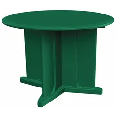 This 42-inch diameter round table features a green polyethylene construction with an X-base design. It accepts ballast for stability and meets ISO 22196 antimicrobial surface standards. Suitable for cafeterias, break rooms, and other commercial dining areas.