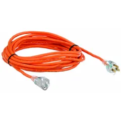 This 25 ft outdoor extension cord features a NEMA 5-15P plug and a single outlet, rated for 125V AC. The 16/3 SJTW jacket resists weather and abrasion, with an operating temperature range of -40° to 167°F. The orange jacket provides visibility on job sites. Suitable for powering tools, lights, and equipment in outdoor applications.