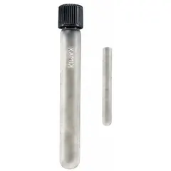 This KIMBLE glass culture tube has a 13 mm body diameter and 100 mm overall height, providing an 8 mL capacity. It features a round bottom and a colorless, non-graduated body. The tube includes a phenolic closure for secure sealing. Commonly used for microbial culture, sample storage, and general laboratory procedures.