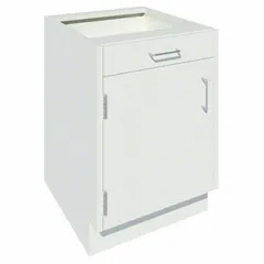 This steel base cabinet from INSTOCK measures 18 inches wide by 22 inches deep by 27-5/8 inches high. It features one drawer and one adjustable shelf for organized storage of tools, parts, and equipment in workshops, maintenance areas, and tool rooms.