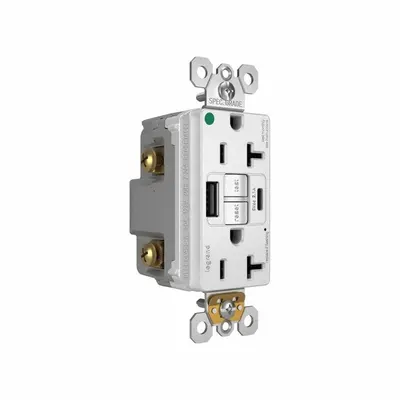 PASS & SEYMOUR Receptacle: Duplex, 5-20R, 2 USB Ports, USB Type A/C, White, 125V AC, 20 A - Hospital-Grade Receptacles with USB Chargers