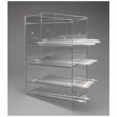 Wall-mounted pipette holder made of clear PETG, designed to organize up to four serological pipettes. Overall height 16 in, overall length 11 1/4 in. Clear construction allows visual identification of pipette sizes. Suitable for laboratory storage and workspace organization.