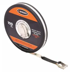 KESON MC-1810-100 manual closed-reel long tape measure with a 100 ft fiberglass blade. Features a double-sided SAE/Engineers scale with 1/8 in graduations and a stainless steel nonmagnetic double hook at the hook end. Suitable for measuring distances in construction, surveying, and industrial layout applications.