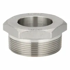 This bung adapter is made from 304 stainless steel and is designed for use with a 55-gallon drum container. It provides a threaded connection point for attaching pumps, vents, or dispensing equipment to the drum's bung opening, enabling controlled fluid transfer in industrial and chemical handling applications.