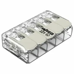 This 5-port lever wire connector from the WAGO 221 Ex Series is designed for use in hazardous locations. It accepts solid wire sizes from 20 AWG to 10 AWG and is rated for 30 A and 440 V. The lever mechanism enables tool-free, secure connections in environments where explosive gases or dust may be present.