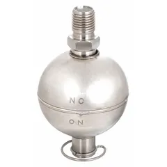 Vertically mounted float switch with selectable SPST stainless steel design. Electrical connection via lead wires. Requires minimum media specific gravity of 0.63. Used for liquid level detection and control in tanks, reservoirs, and process vessels.