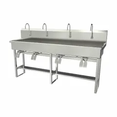 This four-station freestanding wash station is constructed from 16-gauge material with a 77-inch bowl length and 8-inch bowl depth. It features a flow rate of 0.5 gpm and does not include a side splash. Suitable for commercial or industrial settings requiring multiple handwashing stations.