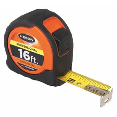 KESON PGPRO1816V is a 16 ft SAE tape measure with a plastic case and rubberized grip. The blade is graduated in 1/32 in increments for the first 12 in, then feet and inches. It features a nonmagnetic single hook tip, a finger brake, and a manual lock. Suitable for general construction, carpentry, and layout work.