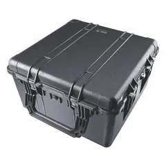 This standard protective transport case from PELICAN features a black exterior, folding handle, and double-throw closure. It includes four wheels for mobility and weighs 34 lb. The case is supplied without foam, allowing customization for sensitive equipment in shipping, storage, or field use.