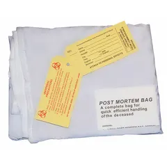 White vinyl body bag with 7 mm thickness, 36 in width, and 1 in height. Includes three vinyl ID tags for identification. Sold in a pack of 10. Used for temporary containment and transport of deceased individuals in healthcare, mortuary, and emergency response settings.