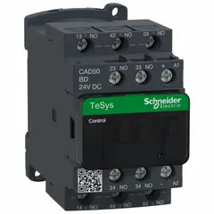 DIN-rail and surface-mount IEC control relay with 24V DC coil, 5 normally open contacts rated at 10 A. Suitable for industrial automation and motor control panels, switching loads in applications such as conveyor systems, packaging lines, and HVAC controls.
