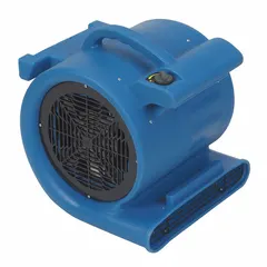 Portable centrifugal blower with a polyethylene housing and fixed-frame design, rated for 1 hp and 1648 cfm at 115V AC. Operates in horizontal or vertical orientations with three selectable speeds. Suitable for general ventilation, cooling, and air movement tasks in industrial and commercial environments.