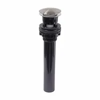 ABS sink drain with a push-to-open stopper in a Brushed Nickel finish. Overall height 9 in, overall diameter 2 in, pipe diameter 2 1/8 in. Does not include overflow. Suitable for sink basins in bathrooms and kitchens