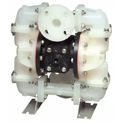 Air-operated double diaphragm pump with PVDF housing, 1-inch flange connections, 23 gpm flow rate, and 231 ft maximum head. Wetted components include PVDF seats, PTFE check valves, and PTFE diaphragms with Santoprene backing. Suitable for transferring aggressive or abrasive fluids in chemical processing and industrial applications.