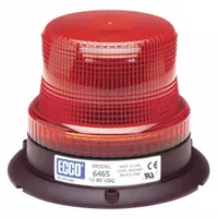 Red LED flashing beacon with round shape, 3 7/8 in overall height, and bolt mount. Operates on 12-80V DC with 80 FPMx8 flash patterns. Includes gasket and blunt cut wires for electrical connection. SAE Class 3 rated for warning and safety applications on service trucks, construction vehicles, and emergency response units