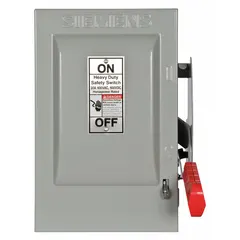 Non-fusible safety switch rated 30 A, single phase, 600V AC. Galvanized steel enclosure for indoor use. Provides a means to disconnect power for maintenance or emergency shutdown in electrical systems.
