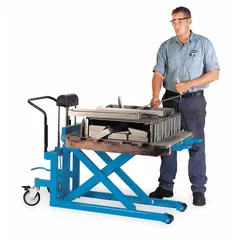 This powered-lift, manual-push high-lift pallet jack features push-button lift control and standard forks measuring 43 inches in length by 27 inches in width. It is used for lifting and moving palletized loads in warehouses, manufacturing, and distribution centers, reducing physical strain during material handling.