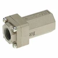 Bushing-type pneumatic check valve with 1/4 in NPT inlet and outlet connections. Aluminum die-cast body and cover, NBR O-ring, POM valve element. Maximum pressure rating of 1 MPa. Used in pneumatic systems to allow air flow in one direction and prevent backflow