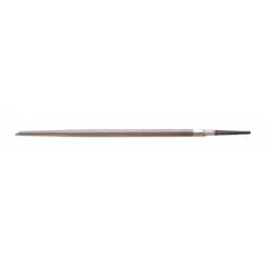Single-cut round file with safe edge and bastard cut, 8 in length without tang, 9/32 in thick. Tapered slightly toward the point with natural finish. Used for shaping and smoothing metal, wood, or plastic, and for enlarging holes and slots.