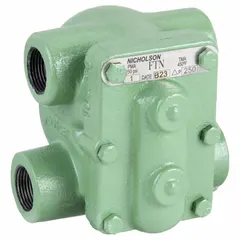 The NICHOLSON FTN-C4E9A is a cast iron C-pattern float and thermostatic steam trap with a 1 in FNPT connection. It has a maximum capacity of 1,450 lb/hr, maximum pressure of 75 psi, and maximum temperature of 450°F. Designed for horizontal installation, it is used to automatically drain condensate from steam lines while preventing steam loss in applications such as industrial heating systems, process steam mains, and heat exchangers.