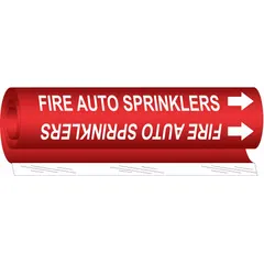 Wrap-around pipe marker for identifying fire auto sprinkler piping. Red background with white legend text. Fits pipe outer diameter from 1/2 to 1-3/8 inches. Includes directional arrows. Single marker supplied.