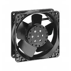 Standard square axial fan for general-purpose cooling and ventilation in enclosures, electronics cabinets, and HVAC systems. Delivers 102.3 cfm at zero static pressure. Operates on 115V AC with plug-in connection. Features steel blades. Dimensions: 4 11/16 in height, 38 mm depth. IP rating not rated.