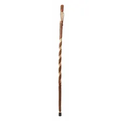 Standard single walking stick made of wood with a twisted finish. Includes a rubber bottom tip for traction. Features a wood handle. Measures 48 inches in length. Suitable for mobility support and balance assistance.