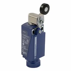Roller lever-arm limit switch from the XCKP series. Features a 0.22-inch roller width and maximum operating torque of 0.9 in-lb. Connects via a 4-pin M12 connector. Used in industrial automation for position detection on conveyors, packaging machinery, and assembly lines.