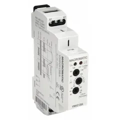 DIN-rail mounted voltage sensing relay with 5 screw terminals, rated 15 A at 120V AC. Monitors voltage band and features a drop-out range of 30% to 95%. Used in industrial control panels to protect equipment from under-voltage or over-voltage conditions.