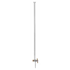 This Class A glass buret has a 50 mL capacity with 0.1 mL increments and a tolerance of ±0.05 mL. It is made from borosilicate glass and has an overall length of 746 mm. No closure is included. Used for precise liquid titration and volumetric analysis in laboratory settings.