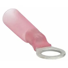 This ring terminal features heat shrink insulation that provides strain relief and electrical insulation after installation. Designed for #10 stud size and accommodating 22 AWG to 16 AWG wire sizes, it is used to create secure, insulated electrical connections in wiring applications.