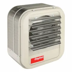 This standard suspended electric unit heater is designed for wall or ceiling mounting in commercial and industrial spaces such as warehouses, workshops, and garages. It operates on 480 V AC, 3-Phase power and measures 21-3/4 in height by 19 in width by 13-3/4 in depth.