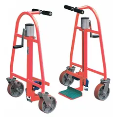 This mechanical-lift mover is designed for positioning heavy machinery and equipment. It features a middle nose plate and includes straps to secure loads during transport. The T-shaped handle provides control. Overall dimensions: 23 in length, 15 1/2 in width, 32 1/2 in height.