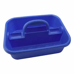 This blue HDPP utility carrier is designed for transporting bottles, samples, cleaning aids, and tools in laboratory or industrial settings. Overall height 9 1/8 in, width 13 3/8 in. The high-density polypropylene construction offers chemical resistance for janitorial and maintenance tasks.