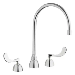 This cast brass widespread deck-mounted faucet features a gooseneck spout and two handles. Suitable for kitchen or bathroom sinks requiring a high-arc spout for filling large containers or cleaning tasks.