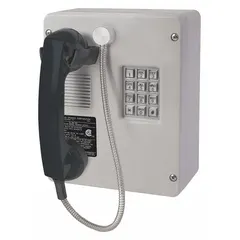 Surface-mount telephone with gray Hytrel plastic housing, keypad, handset, and volume control. Designed for indoor PSTN communication in corrosive environments. Corrosion resistant; no strobe or horn included.