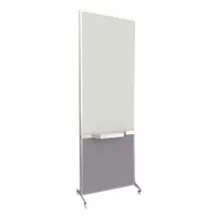 Freestanding bullet-resistant room divider with an opaque Cloud Gray fabric panel. Overall height 76 in, width 26 1/2 in. Anodized aluminum frame. Meets NIJ Level III ballistic standards. Suitable for creating secure partitions in environments requiring visual privacy and ballistic protection