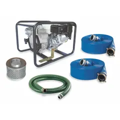 This engine-driven trash pump kit is designed for emergency dewatering and removal of debris-laden water. It features a cast-iron volute, recoil-start ignition, and includes a 2 in strainer. With a flow rate of 157 gpm at 20 ft of head, it is suitable for construction, flood control, and industrial cleanup applications.