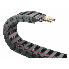 This mounting bracket set is designed for standard cable carriers in cable tray systems. The fixed-end bracket features a pivoting design for alignment adjustments during installation. Made of black plastic, it has a male outside width of 0.8 in, a female accessory width of 0.9 in, and a length of 1.3 in, accommodating a cavity width of 0.59 in.