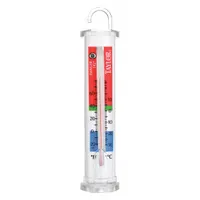 Analog thermometer for monitoring temperatures in refrigerators and freezers. Features ±1°F accuracy, plastic case, glass lens, and 6-inch overall length. Can stand or hang. NSF Certified