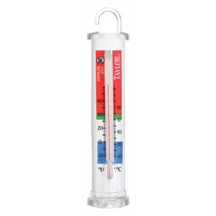 Analog thermometer for monitoring temperatures in refrigerators and freezers. Features ±1°F accuracy, plastic case, glass lens, and 6-inch overall length. Can stand or hang. NSF Certified.