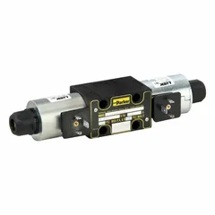 This solenoid-operated directional control valve is a D03 NFPA size, three-position unit with a 12V DC coil. It is used to start, stop, and direct fluid flow in hydraulic systems, commonly applied in industrial machinery and mobile equipment for precise flow path control.