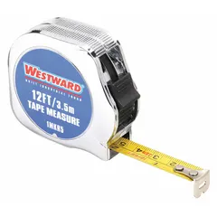 This tape measure features a 12 ft / 3.5 m blade with Metric/SAE markings, including feet and 1/32 in graduations for the first 6 inches. It has a nonmagnetic single hook tip, manual lock, and a silver chromed plastic case. Suitable for measuring distances in construction, carpentry, and general maintenance tasks.