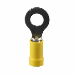 Vinyl insulated ring terminal rated for 600 V, with a 1/4 in stud size. Yellow insulation indicates 12-10 AWG wire range. Funnel entry aids wire insertion. Used for secure connections in control panels, machinery, and power distribution.