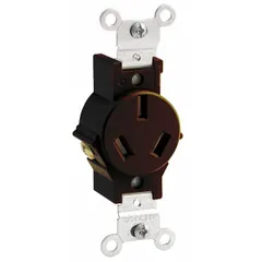 Single general purpose receptacle with NEMA 10-20 configuration. Rated 20 A at 125/250 V AC, 3-pole/3-wire. Brown finish. Suitable for powering equipment such as dryers, welders, or temporary power setups in industrial or commercial environments.