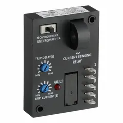 Surface-mounted relay from the CAH Series for undercurrent monitoring. Features an adjustable trip point from 0.5 to 5 A, with a 10 A current rating at 120V AC. Quick disconnect electrical connections. Used to detect undercurrent conditions in industrial equipment such as motors, pumps, and conveyors.