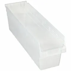 This clear plastic shelf bin is designed for organizing small parts, components, and hardware on shelving in warehouses, workshops, and industrial facilities. With dimensions of 6 5/8 in x 8 in and an overall length of 23 5/8 in, it allows quick visual identification of contents. The nesting capability saves space when bins are not in use. Dividers are not included.